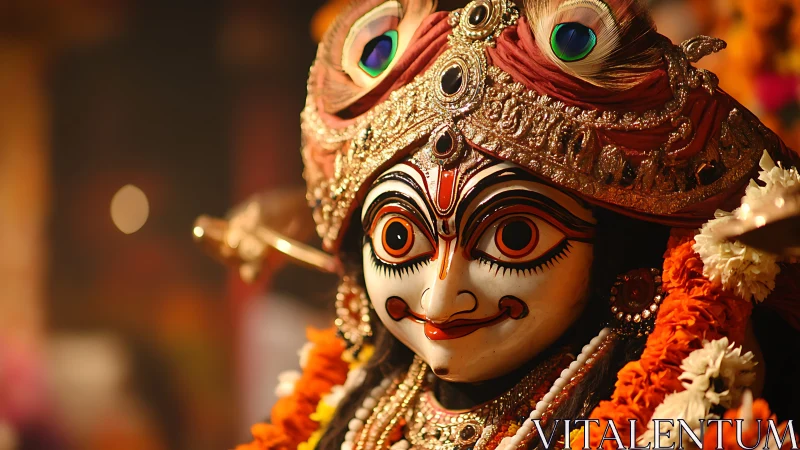 Ornate goddess idol with garlands in warm festival light.