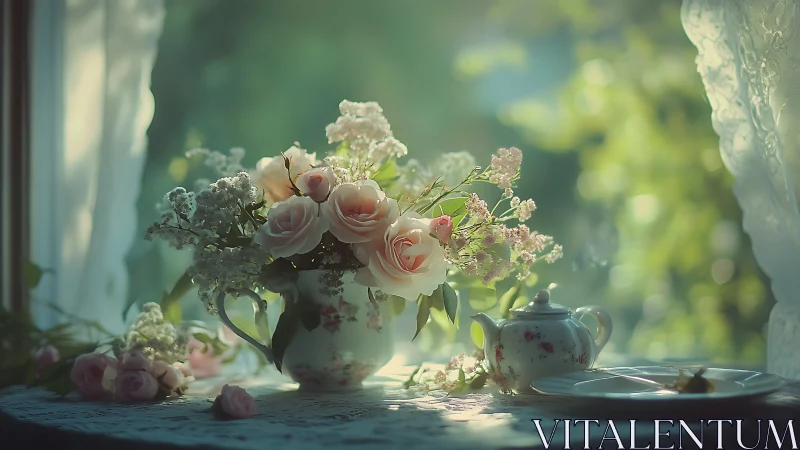 Soft morning light on roses in porcelain teapot still life.