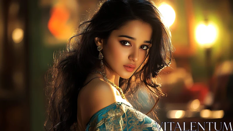 Luminous portrait of woman in teal saree, bokeh-lit evening.