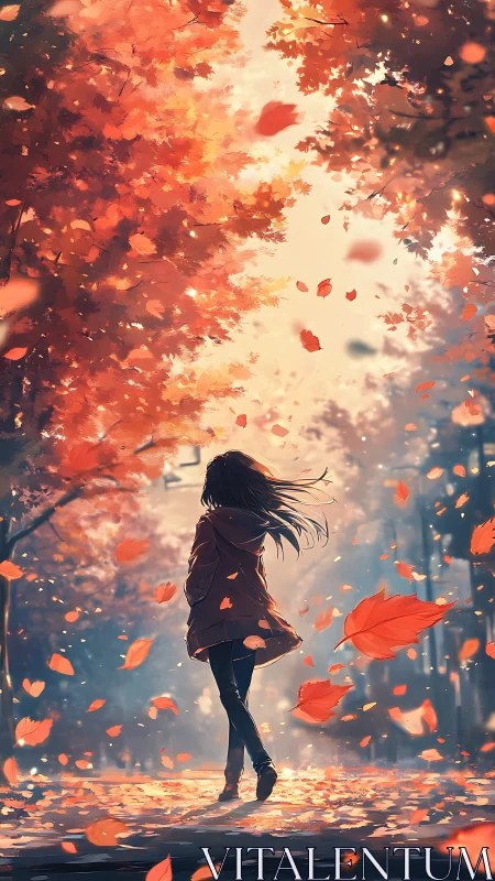 Girl in autumn street walks through swirling red leaves.