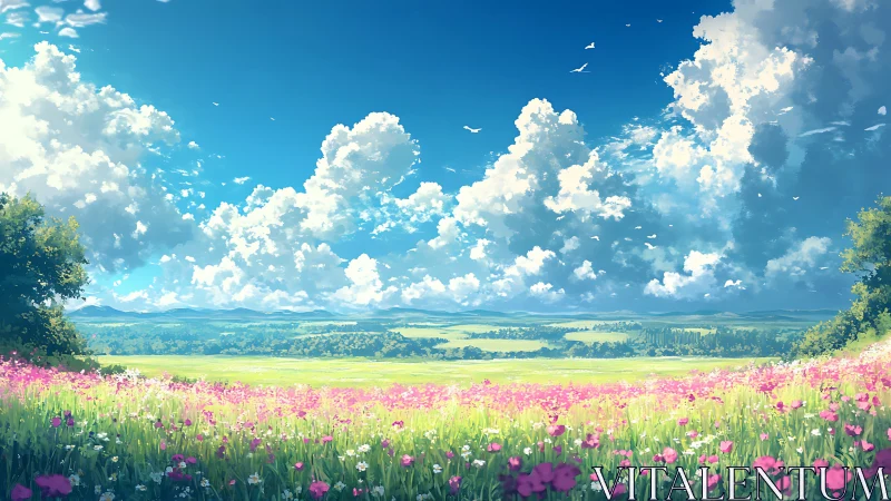 Sky-drunk meadow stretches beneath towering summer clouds