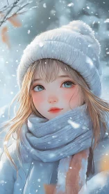 Winter portrait of girl in soft snowlight, pastel palette.
