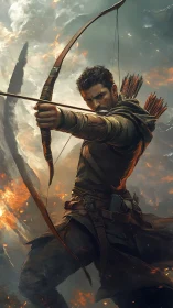 Archer draws bow amid burning battlefield with focused aim