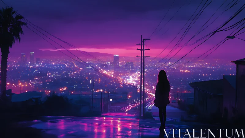 Silhouette overlooking neon cityscape at dusk from hilltop.