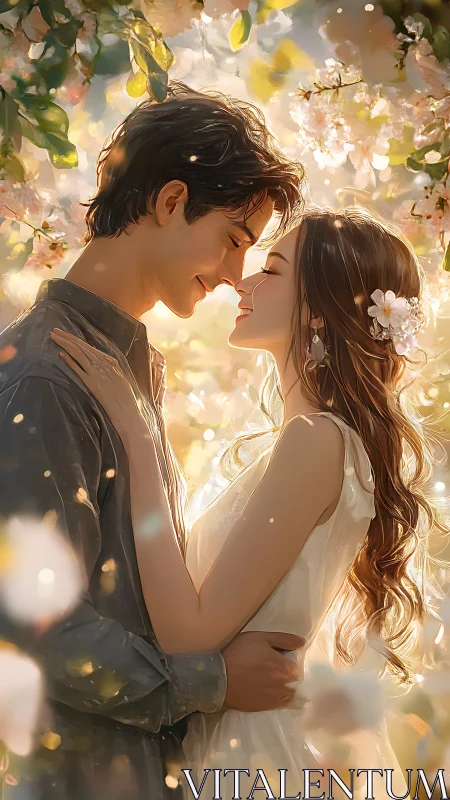 Romantic Couple Embracing in Golden Floral Setting
