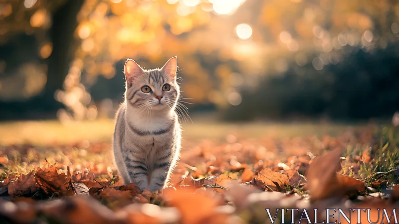 Tabby kitten walking on autumn ground with bokeh backdrop