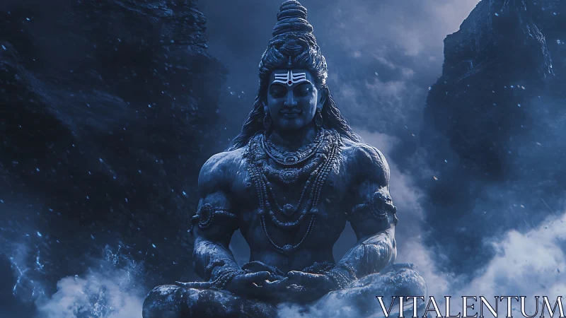 Monochrome Himalayan deity render in atmospheric blue volumetrics.