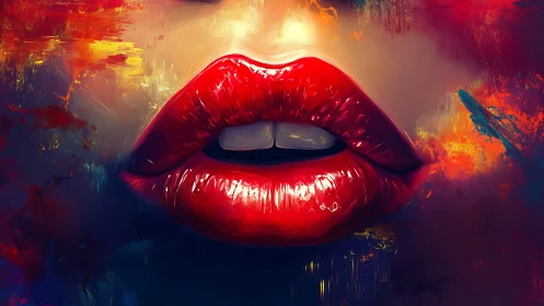 Velvet red lips glow against a storm of vivid color and light