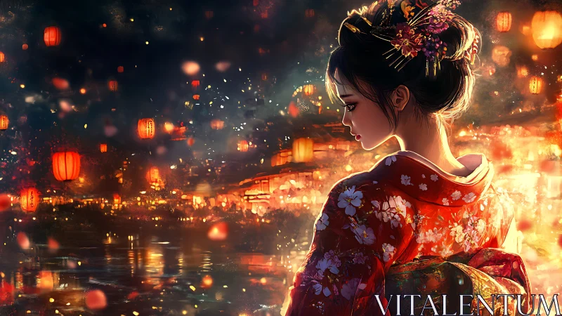Lantern-lit geisha dreaming beside a river of burning stars.