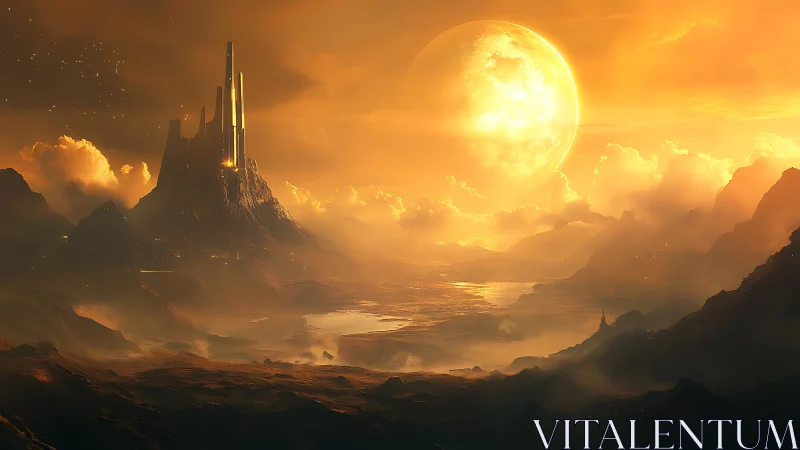 Futuristic spire fortress rises over glowing alien valley