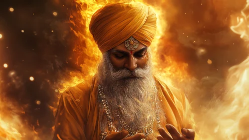 Digital painting of a fiery-robed sage in luminous inferno focus.