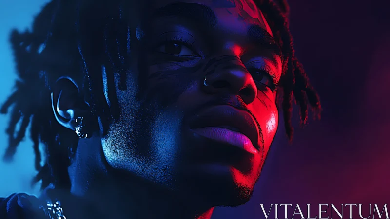 Portrait of man in blue and red colored lighting profile.