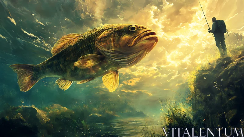Colossal golden fish confronting lone angler at sunset sky.