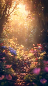 Luminous Garden Path Through Blooming Flowers and Golden Sunlight