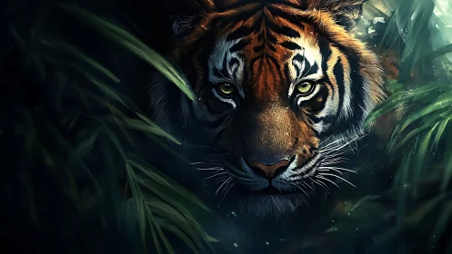 Tiger emerges through shadowed jungle leaves with piercing focus