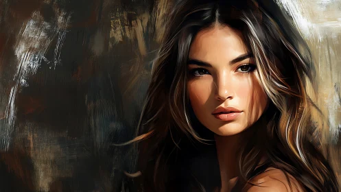 Portrait of a luminous woman against painterly dusky strokes.