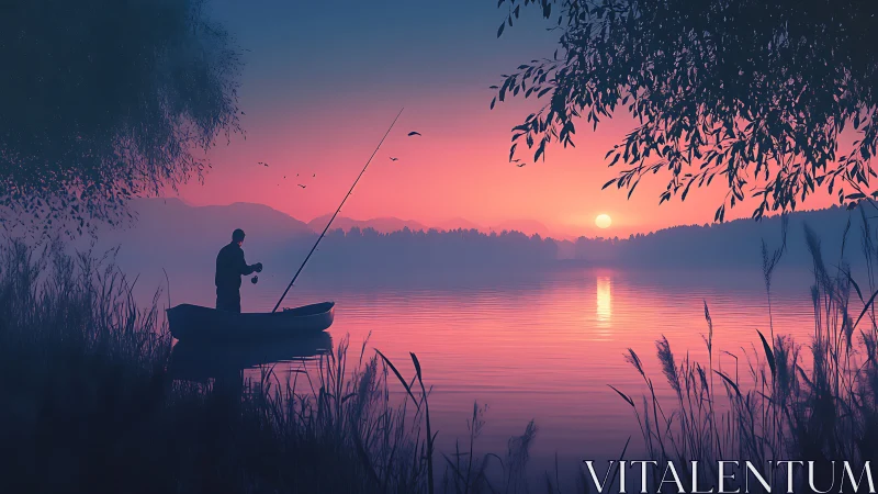 Quiet lakeside sunset with a lone boat and gentle angler.