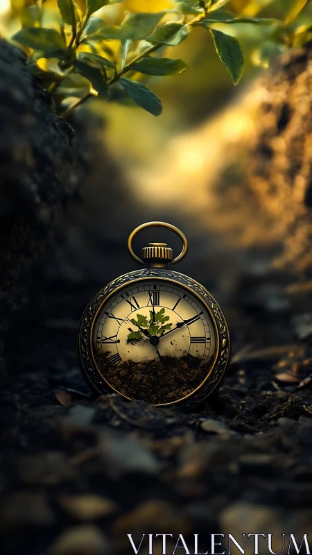 Vintage pocket watch terrarium with seedling in rich soil