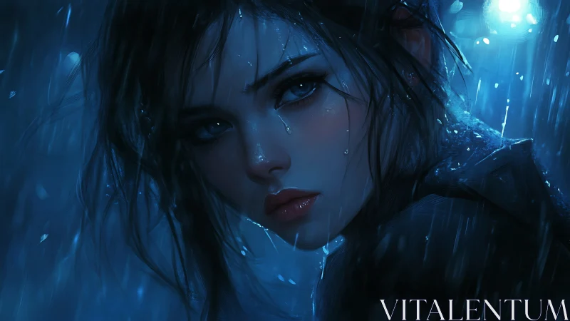Rain soaked woman gazes intensely through deep blue night