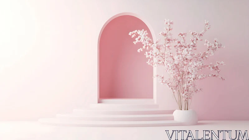 Soft pink archway with blossoming cherry branches vignette.