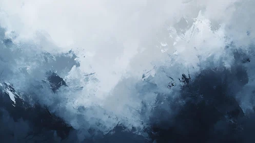 Abstract misty mountain landscape in cool blue and white tones.