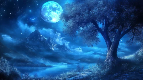 Moonlit mountainous lake landscape is rendered in cool blue tones