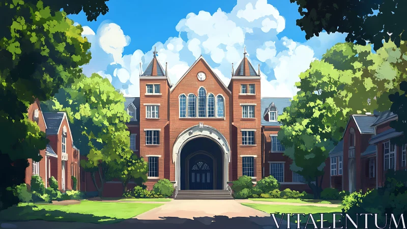 Red brick academic building framed by bright green trees.