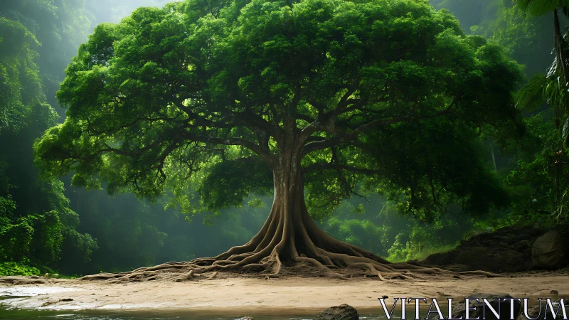 Sunlit forest giant with roots like wandering rivers.