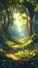 Luminous Forest Tunnel: Atmospheric Digital Landscape.