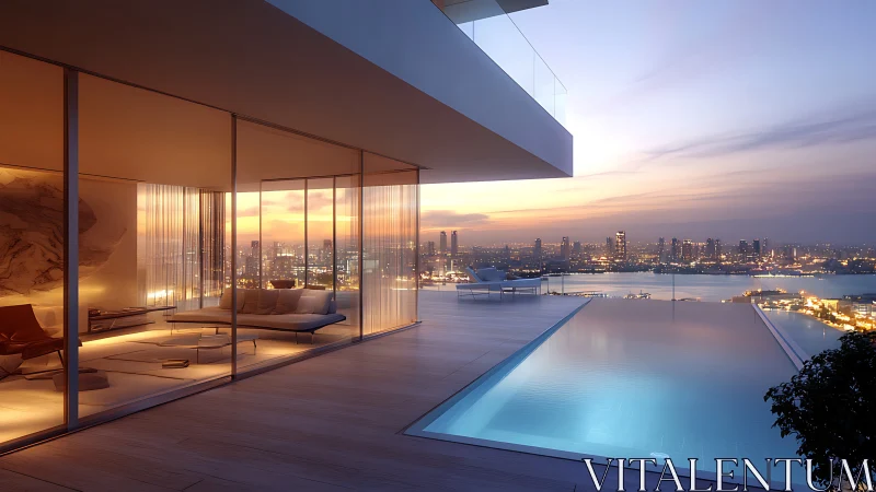 Luxury rooftop infinity pool overlooks glowing waterfront city