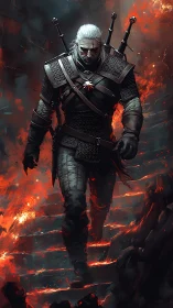 White-haired warrior strides through burning ruin with grim resolve