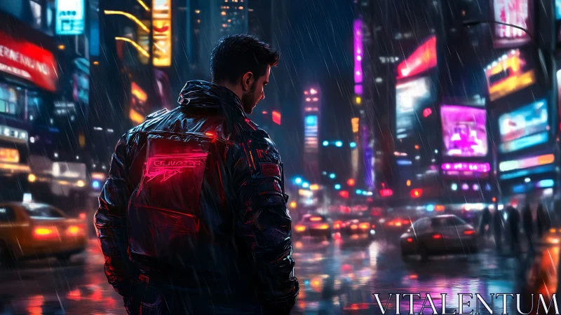 Solitary neon figure in rain-soaked futuristic city streetscape.