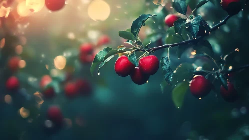 Backlit dewy red apples on branch with shallow depth of field