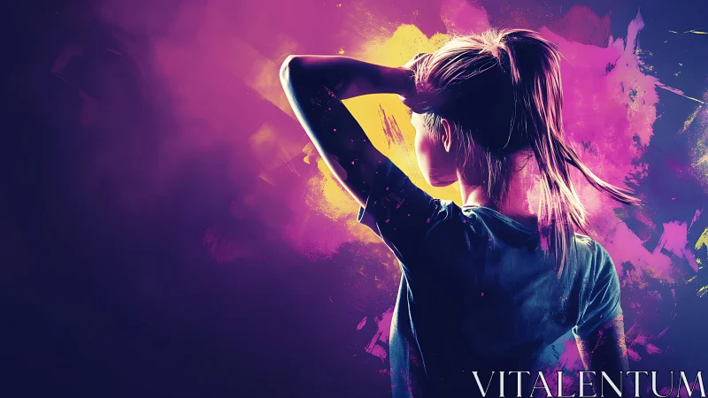 Backlit figure in neon chromatic explosion of digital pigment.