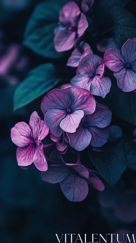 Purple Flowers Against Dark Teal Foliage.