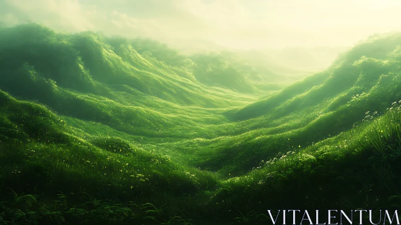 Sunlit emerald hills gently rolling into soft morning mist.