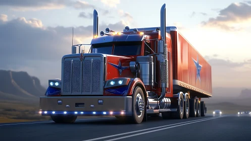 Chrome red semi truck drives highway at sunset with trailer