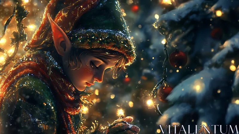 Winter elf illuminated by granular bokeh and rim-lit snowfall