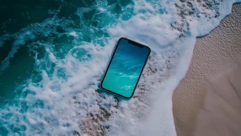 Smartphone partially submerged in foamy shoreline surf, screen mirroring sea