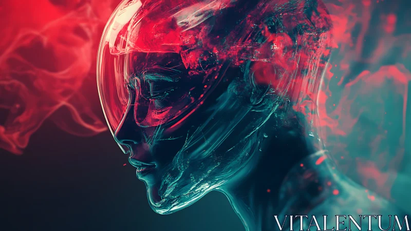 Transparent humanoid profile shows glass-like head in smoke