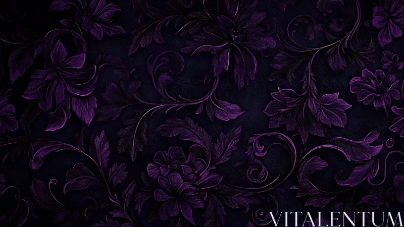 Dark purple floral ornamental pattern on black textile surface.