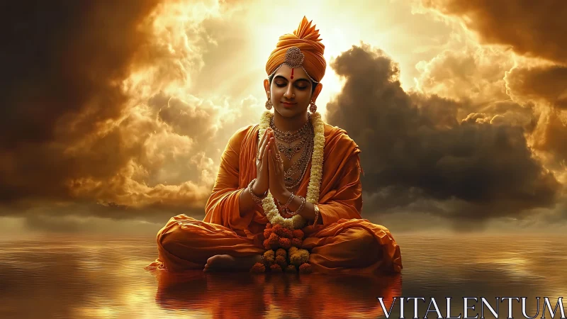 Digital painting of serene orange-robed yogi on glowing water.