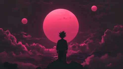 Silhouetted figure observes three moons above clouded horizon