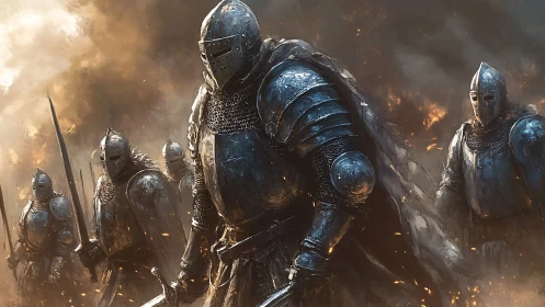 Steel-clad warband strides through embers of a dying battlefield.