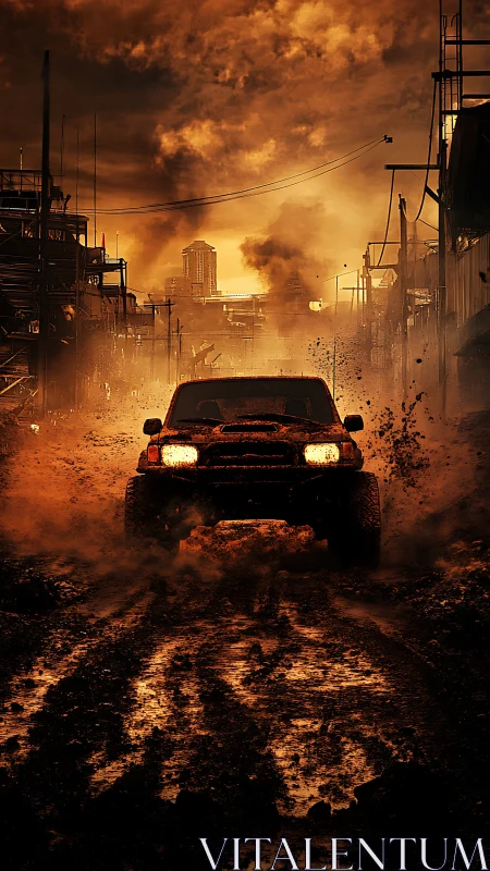 Off-road truck penetrates muddy urban street under toxic sky