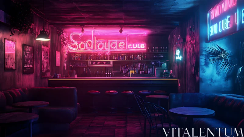 Neon lit cocktail bar interior with empty lounge seating.