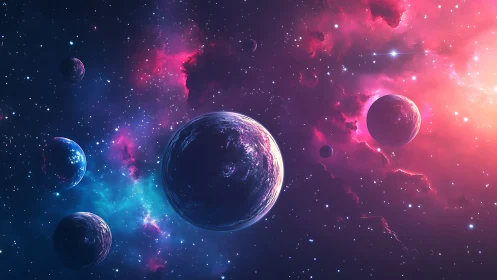 Multi-planet exoplanetary system in magenta nebular starfield