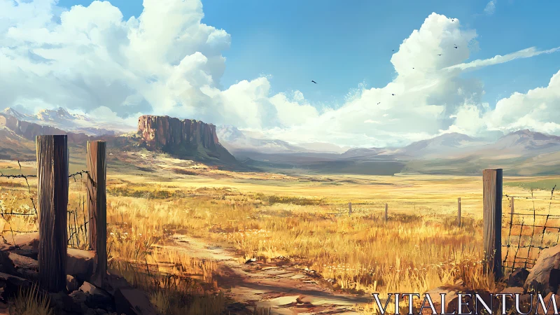 Sunlit prairie opens toward distant mesas under bold clouds