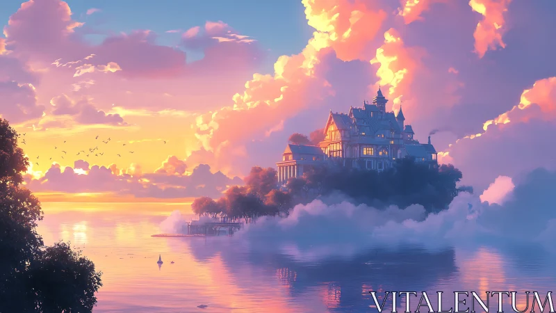 Floating castle rises above misty waters during golden sunset.