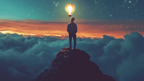 Quiet dreamer on a cloud peak crowned by bright idea.